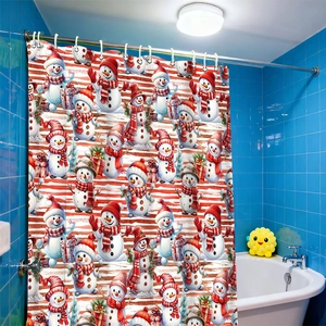 Christmas snowman pattern shower curtain with red and white stripes for bathroom decor