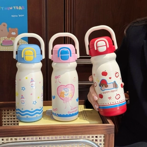 Cute cartoon stainless steel thermos with handle and straw in various colors