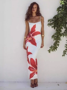 Women Sexy Floral Print Spaghetti Strap Maxi Dress Slim Fit Backless Sleeveless Bodycon Summer Vacation Beach Long Sun Dress