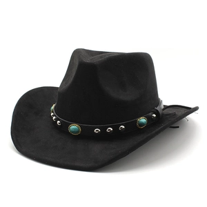 Detail of black suede cowboy hat with turquoise and silver studded leather band