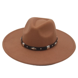 Classic camel wide brim fedora hat with black leather band and diamond metal studs