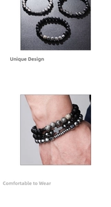 Close-up of stacked beaded bracelets with cross charms and vintage natural stone texture