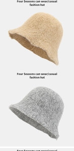Close-up detail of beige and grey winter knit bucket hats with thick texture