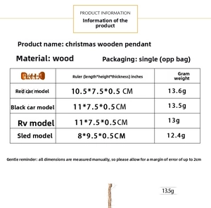 Detail view of painted wooden Christmas car and sled ornaments with exact dimensions