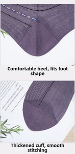 Detail of purple nylon business socks featuring reinforced cuffs and flat seam craftsmanship