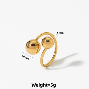 Detail of gold open ring featuring 10mm and 8mm polished dual spheres with dimensions