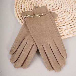 Detail of camel suede gloves for women featuring a stylish gold metal horsebit buckle