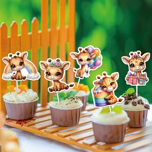 Giraffe theme cake toppers set with rainbow and balloon designs for birthday party decor