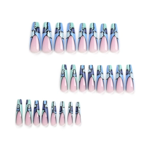 Extra long French ballet press-on nails with cool tone blue stitching design