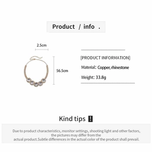 Detail showing rhinestone circle necklace dimensions 56.5cm length and 2.5cm width