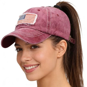Burgundy washed cotton ponytail baseball cap with American flag embroidery for women