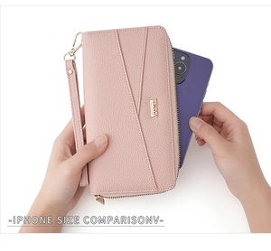 Pink pebbled leather wallet shown with an iPhone for size comparison and scale details