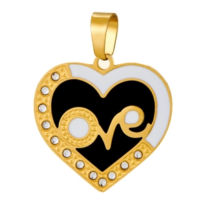 Close-up of a gold heart pendant with Love lettering and sparkling stones on white background