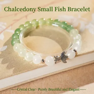 New Chinese retro style chalcedony fish bracelet with gradient green and white beads