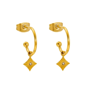 18k gold plated stainless steel huggie earrings with a diamond-shaped starburst charm
