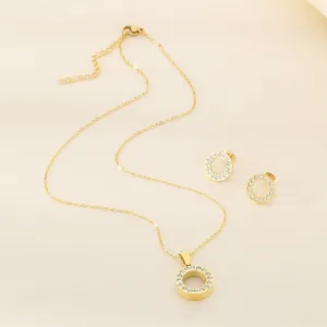 Collana con Pendente Rotondo e Orecchini a Bottone in Acciaio Inossidabile per Donna Gioielli Circolari Minimalisti con Strass Pavé