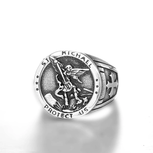 Titanium steel St Michael protect us dragon claw ring in vintage oxidized silver finish