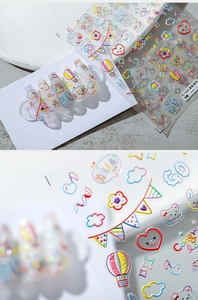 Detailed 3D embossed nail stickers featuring rainbow party, cute bears and rabbits