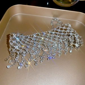Macro shot of luxurious silver rhinestone tassel choker with intricate mesh weave details