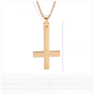 Macro view of gold stainless steel inverted cross pendant with dimension markings