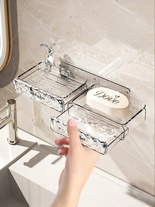 Double-layer wall-mounted soap dish in transparent acrylic with drawer drainage system