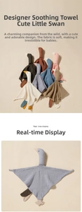 Detail of soft muslin cotton baby security blankets with cute 3D swan head design