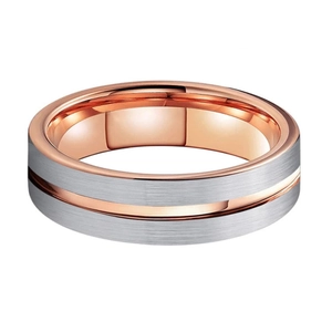 Brushed silver and rose gold tungsten ring with polished inner band for men and women