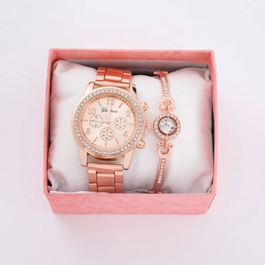 Rose gold quartz watch and rhinestone bracelet set in a pink gift box for women