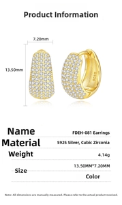 Detailed size specifications of 18K gold S925 silver U-shaped hoop earrings with zircons