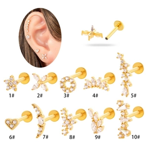 Gold flat back cartilage studs set with zircon hearts and flowers in 10 styles