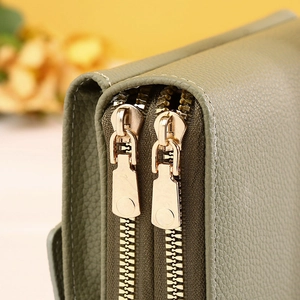 Olive green litchi texture leather crossbody phone bag with double gold zippers