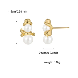 Gold plated snowman stud earrings with white pearl accents and size dimensions