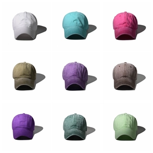 Grid view of washed cotton baseball caps in nine colors with six-panel structure