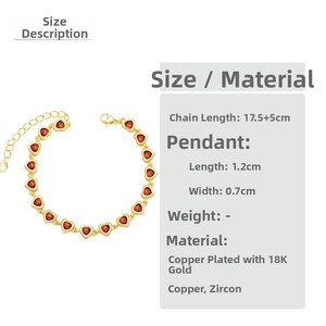 Detailed view of heart zircon bracelet dimensions with 18K gold plating and chain length