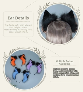 Detailed view of faux fur cosplay animal ears in black, orange, and blue colors