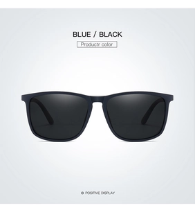 Front view of square blue polarize sunglasses with dark black lenses for driving