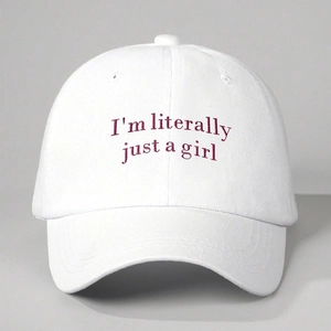 Detailed close-up of embroidered red lettering on a white cotton baseball cap