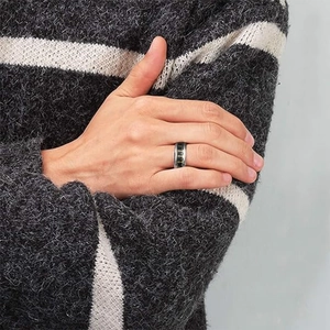 Polished silver and black stainless steel anchor ring for men with golden heartbeat inlay