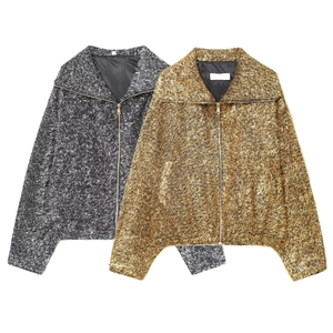 Women Bomber Jacket Metallic Thread Sequin Fuzzy Fringe Short Coat Zipper Lapel French Style Fashion