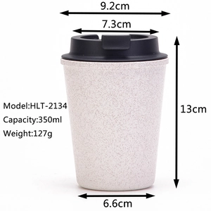 350ml eco-friendly wheat straw coffee cup with lid and dimension specifications