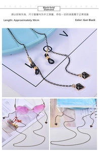 Detailed gunmetal chain with black geometric pendant for glasses and masks, 90cm long
