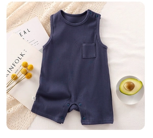 Detail of dark blue ribbed knit baby romper showing shoulder buttons and soft texture