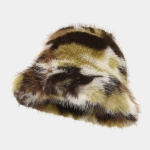 Winter plush faux fur bucket hat with thick camouflage pattern for outdoor warmth