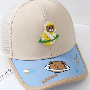 Kids baseball cap with cartoon astronaut bear 3D patch and breathable white mesh back