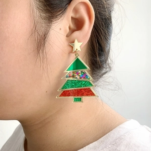 Sparkly Christmas tree drop earrings with green and red sequins and golden star