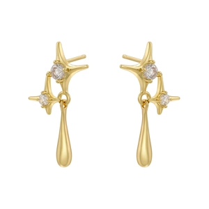 Gold starburst earrings with sparkling clear zircons and elegant water drop pendants