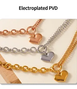 Three-color heart pendant chains in rose gold, silver, and gold with PVD plating finish