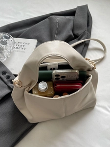 Minimalist beige lychee texture leather shoulder bag with large capacity interior