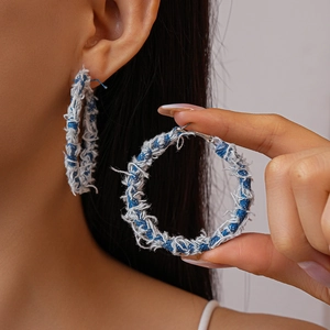 Vintage Denim Fabric Hoop Earrings Geometric Circle With Frayed Edges And 925 Sterling Silver Earring Post For Women