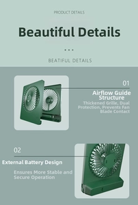 Detail of dark green desktop USB fan with thickened grid cover and stable external battery